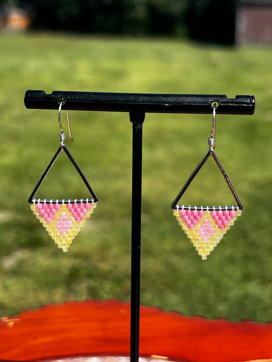 Beaded Triangle Earrings - Pink & Yellow
