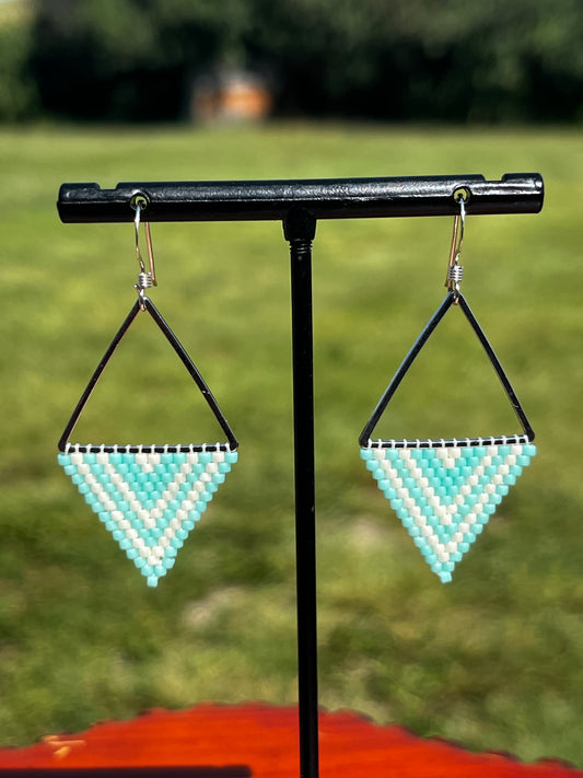 Beaded Triangle Earrings - Aqua & White