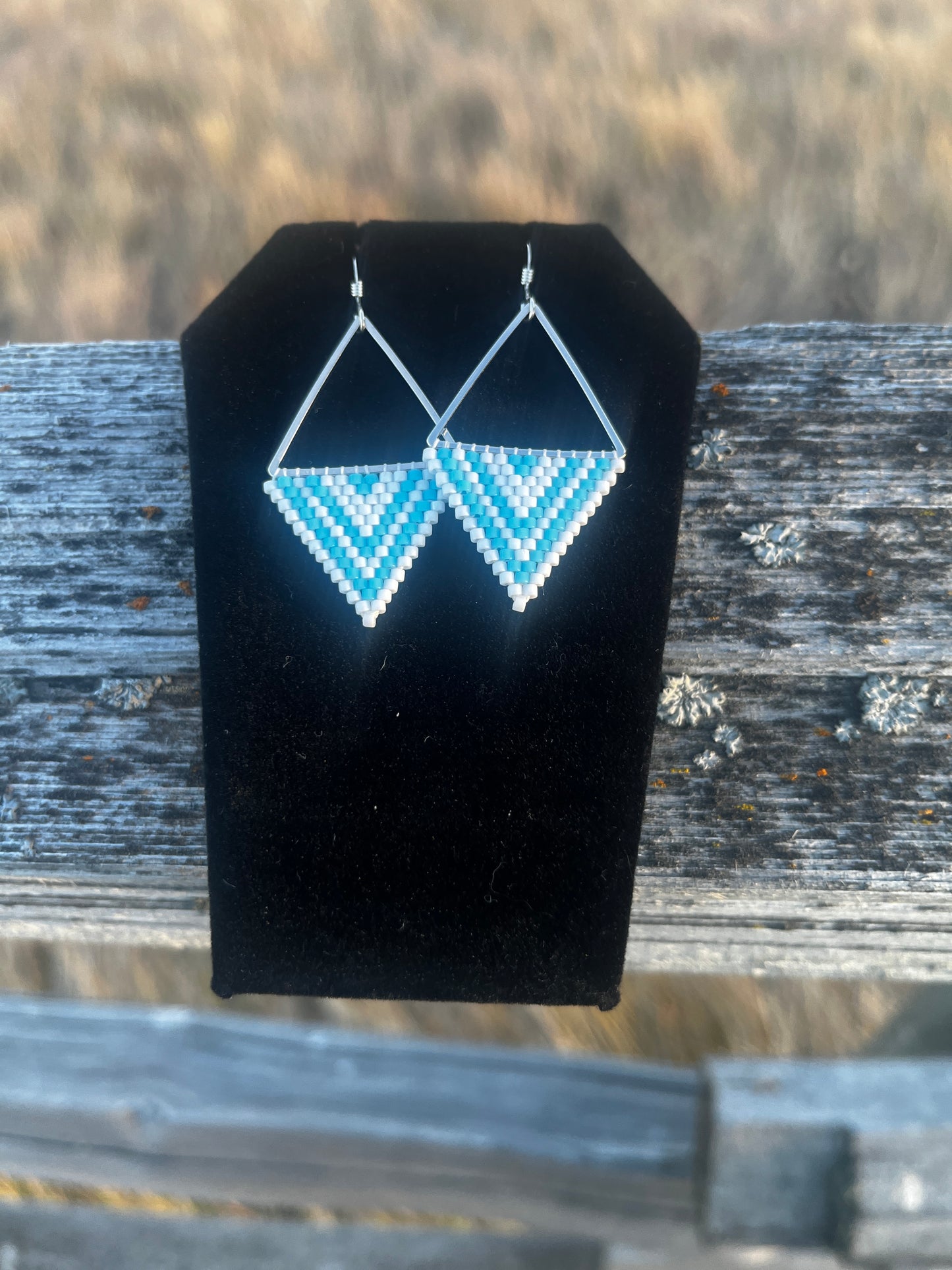 Beaded Triangle Earrings - White and Light Blue