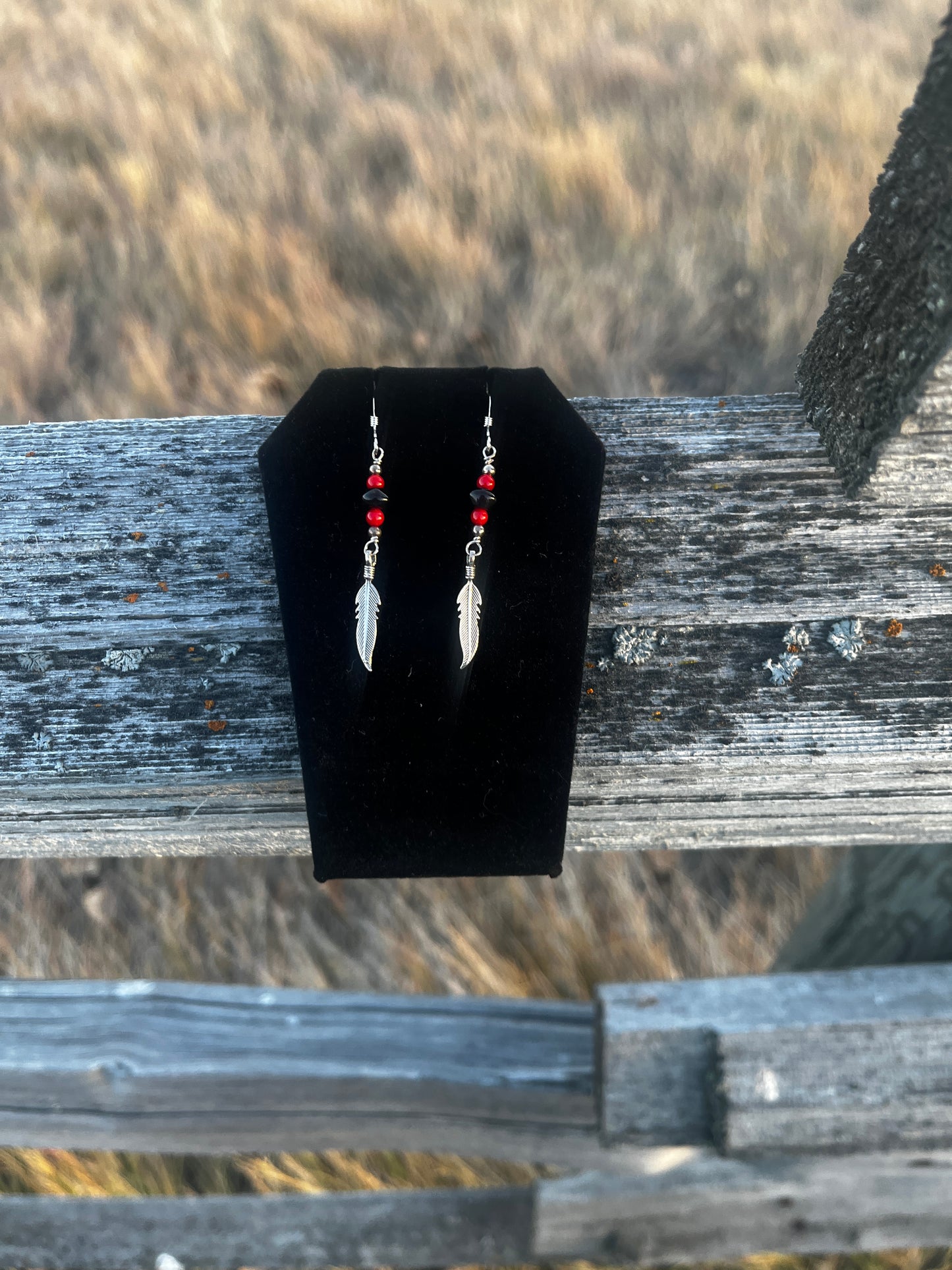 Coral & Black Onyx Sterling Silver Earrings