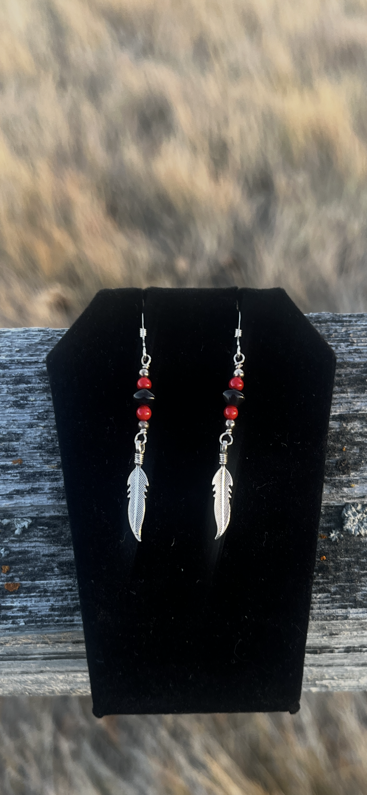 Coral & Black Onyx Sterling Silver Earrings