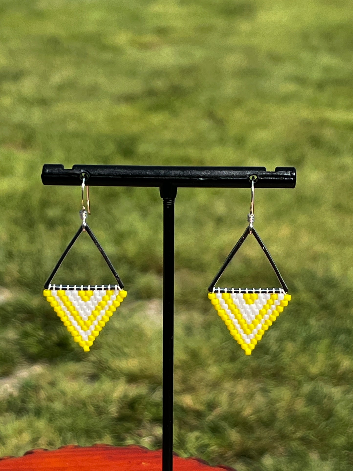 Beaded Triangle Earrings - Yellow & White