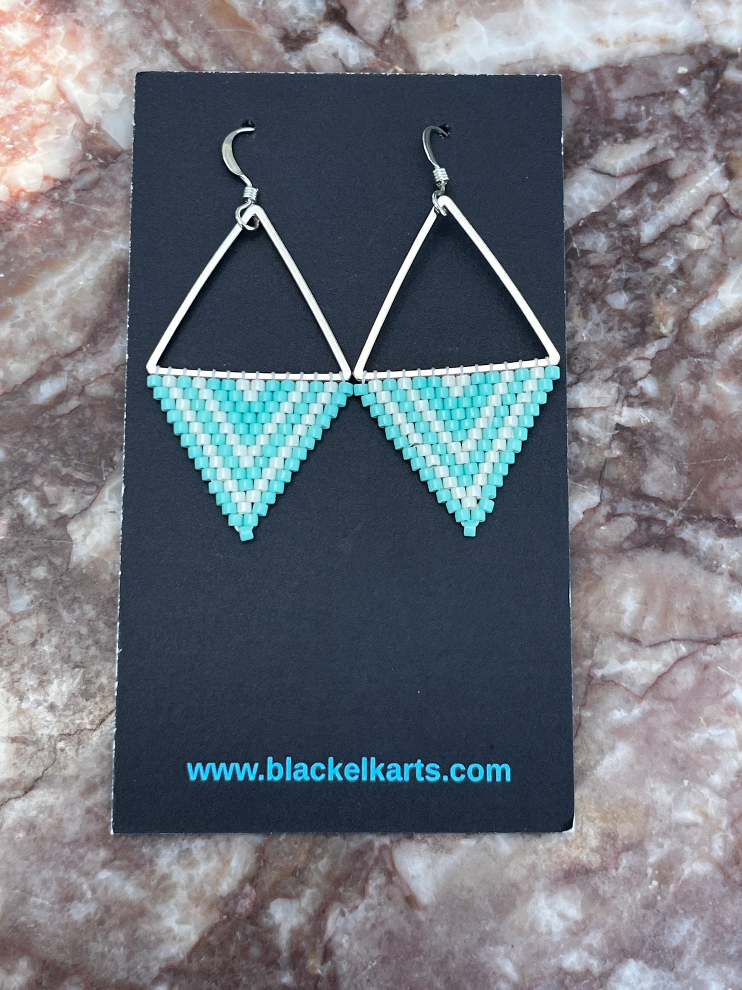 Beaded Triangle Earrings - Aqua & White