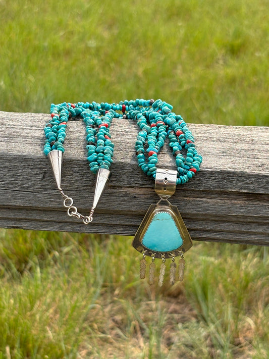 Turquoise, Coral and Sterling Silver Necklace with Feathers