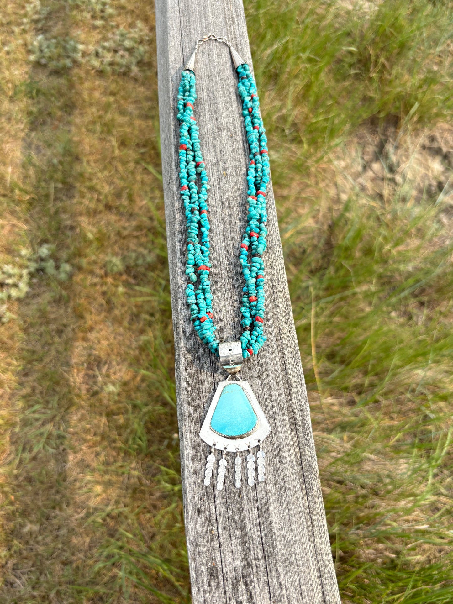 Turquoise, Coral and Sterling Silver Necklace with Feathers
