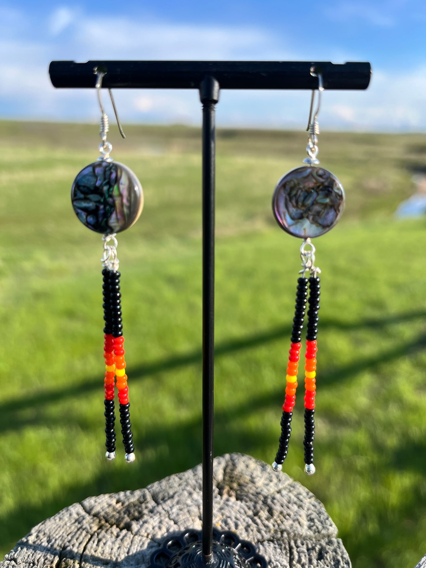 Abalone Earrings with Black Glass Beads & Sterling Silver (round)